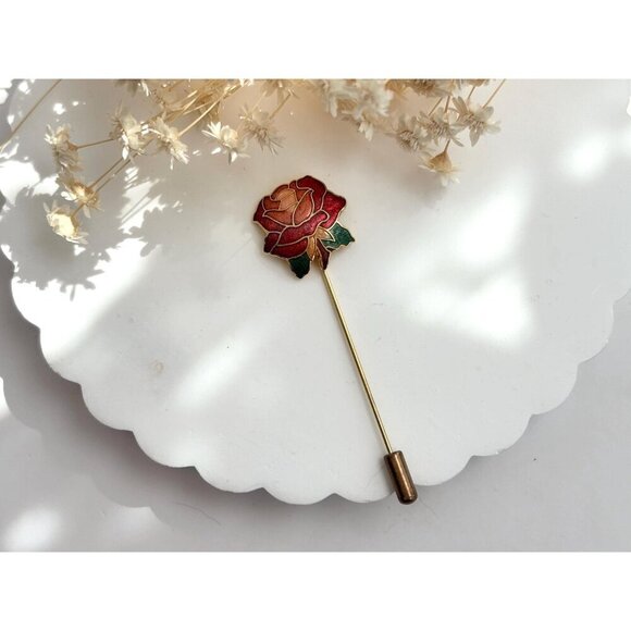 Cloissone Floral Rosebud Vintage Gold Toned Oval Vintage Stick Pin | Hat Pin - Picture 10 of 10